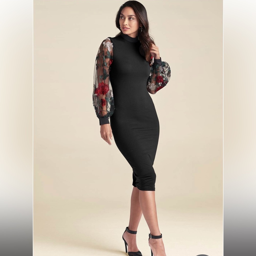Black Pencil Dress with Embroidered Floral Puff Sleeves